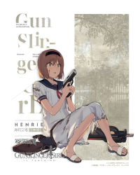 Rule 34 | 1girl, bag, blood, blood on clothes, blood on face, brown eyes, brown hair, bullpup, crossover, crying, crying with eyes open, dress, duoyuanjun, holding with feet, girls&#039; frontline, guest character, guest fighter, gun, gunslinger girl, handgun, henrietta (gunslinger girl), high-capacity magazine, highres, horizontal magazine, messenger bag, official art, p90, personal defense weapon, scared, shoulder bag, solo, submachine gun, tears, weapon, white dress