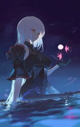 Rule 34 | 1girl, absurdres, arknights, black dress, black gloves, blurry, blurry foreground, breasts, closed mouth, commentary request, depth of field, dress, gloves, hair between eyes, hand up, highres, long hair, medium breasts, night, night sky, outdoors, red eyes, skadi (arknights), sky, solo, uryu (uryu0329), very long hair, water, white hair