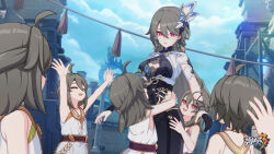 Rule 34 | 1boy, 5girls, arms up, child, chinese commentary, closed eyes, cloud, cloudy sky, day, dress, hair between eyes, happy, highres, honkai (series), honkai impact 3rd, hug, key, long hair, looking at another, looking down, medium hair, multiple girls, official art, official wallpaper, open hands, open mouth, outdoors, peacock feathers, red eyes, short hair, sky, standing, vita (honkai impact), vita (young) (honkai impact), white dress, yellow pupils