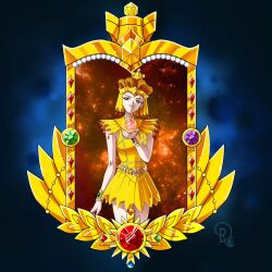 Rule 34 | 1girl, bishoujo senshi sailor moon, bracelet, commentary, commission, cowboy shot, crystal, drachea rannak, dress, english commentary, headdress, highres, jewelry, red eyes, sailor galaxia, short dress, smile, solo, space, watermark, yellow dress