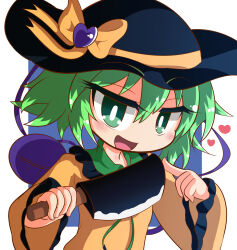 Rule 34 | 1girl, black hat, bow, bright pupils, chibi, commentary request, frilled shirt collar, frilled sleeves, frills, green eyes, green hair, hair between eyes, hands up, hat, hat bow, heart, highres, holding, holding weapon, index finger raised, jitome, kajiya no masa, komeiji koishi, long sleeves, looking at viewer, nata (tool), one-hour drawing challenge, open mouth, shirt, short hair, simple background, smile, smug, solo, third eye, touhou, upper body, weapon, white background, white pupils, wide sleeves, yellow bow, yellow shirt