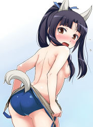 Rule 34 | 1girl, animal ears, ass, back, black hair, blush, breasts, brown eyes, clothes pull, clothing cutout, hair over breasts, hair ribbon, hattori shizuka, hi-ho-, long hair, looking at viewer, one-piece swimsuit, one-piece swimsuit pull, open mouth, ponytail, ribbon, school swimsuit, shiny skin, sideboob, small breasts, solo, strike witches, swimsuit, tail, tail through clothes, undressing, world witches series