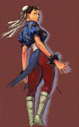 Rule 34 | 1girl, boots, bracelet, breasts, brown hair, bun cover, capcom, china dress, chinese clothes, chun-li, clenched hand, double bun, dress, earrings, from behind, highres, jewelry, knee boots, large breasts, pantyhose, pelvic curtain, revision, sash, solo, spiked bracelet, spikes, steven mack, street fighter