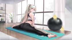 Rule 34 | &gt; &lt;, 1girl, animated, arched back, ass, azur lane, balancing, ball, barefoot, blonde hair, blue eyes, breasts, copyright notice, exercise ball, feet, female focus, flexible, from behind, indoors, large breasts, live2d, looking at viewer, looking back, manjuu (azur lane), official alternate costume, official art, painleve (azur lane), painleve (team stretching) (azur lane), pants, reflective floor, soles, solo, sound, sports bra, stretching, tight clothes, tight pants, toes, video, white sports bra, yoga mat, yoga pants