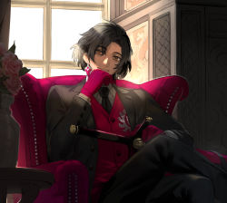 Rule 34 | 1boy, absurdres, armchair, backlighting, black hair, black jacket, black necktie, black pants, brown eyes, chair, closed mouth, collared shirt, commentary request, constantine xi (fate), crossed legs, earrings, fate/grand order, fate (series), feet out of frame, flower, formal, gloves, hand up, highres, jacket, jewelry, looking at viewer, male focus, necktie, on chair, open clothes, open jacket, pants, parted bangs, pink flower, pink rose, ragu (ragu00), red gloves, red vest, rose, shirt, sitting, smile, solo, suit, vase, vest, white shirt, window