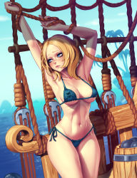 Rule 34 | 1girl, absurdres, armpits, arms up, barrel, bikini, blonde hair, blue bikini, blue eyes, blue ribbon, blush, breasts, cannonball, cleavage, closed mouth, collarbone, copyright request, cowboy shot, day, forehead, highres, lips, looking away, looking to the side, medium breasts, micro bikini, nail polish, navel, nikichen, ocean, outdoors, palm tree, pink nails, print bikini, ribbon, rope, shade, ship, side-tie bikini bottom, skull print, solo, sparkle, standing, stomach, swimsuit, thighs, toned, tree, underboob, water, watercraft, wood