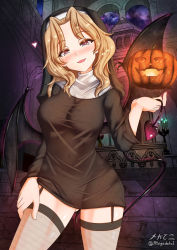 Rule 34 | 1girl, blue eyes, blush, breasts, church interior, covered navel, demon girl, demon tail, demon wings, fishnet thighhighs, fishnets, garter straps, girls und panzer, gluteal fold, habit, halloween, halloween costume, highres, indoors, kay (girls und panzer), large breasts, looking at viewer, megadeko, night, night sky, nun, open mouth, pumpkin, sky, smile, solo, star (sky), starry sky, tail, thighhighs, wings