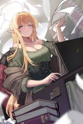 Rule 34 | 1girl, bare shoulders, blonde hair, blouse, book, book stack, bookshelf, breasts, computer, dress, elf, green shirt, hair between eyes, highres, jewelry, laptop, long hair, looking at viewer, medium breasts, mendou kusai, necklace, original, paper, pointy ears, shirt, sitting, solo