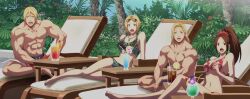 Rule 34 | 2boys, 2girls, andy bogard, arm support, bikini, blonde hair, blue eyes, blue mary, breasts, brothers, brown eyes, brown hair, chair, cleavage, drink, fatal fury, feet, game cg, green bikini, highres, large breasts, legs, long hair, looking at viewer, multiple boys, multiple girls, muscular, muscular male, navel, open mouth, red bikini, shiranui mai, short hair, shorts, siblings, sitting, snk, sunglasses on head, surprised, swimsuit, terry bogard, the king of fighters, the king of fighters xv, thighs, wide-eyed