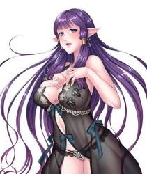Rule 34 | grabbing another&#039;s breast, breast press, breasts, elf, grabbing, highres, large breasts, lilith-soft, long hair, looking at viewer, lucrecia (taimanin asagi), nipples, no bra, pointy ears, purple hair, smile, taimanin (series), taimanin asagi, taimanin asagi kessen arena, thong, underwear, zol