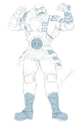 Rule 34 | 1boy, absurdres, armband, armor, arms up, bald, bara, belt, belt buckle, boots, braum (league of legends), breast tattoo, buckle, burythekidd, clenched hands, clenched teeth, closed mouth, collarbone, commentary request, facial hair, full body, fur trim, gauntlets, hands up, highres, knee pads, league of legends, legs apart, male focus, muscular, muscular male, mustache, open mouth, pectoral cleavage, pectorals, shoulder armor, signature, simple background, single gauntlet, solo, standing, tattoo, teeth, thick eyebrows, white background