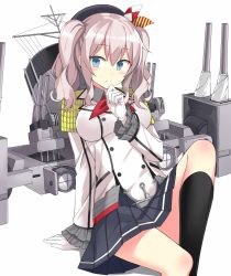 Rule 34 | 10s, 1girl, 501092-taka, arm support, beret, black socks, blue eyes, blush, breasts, buttons, epaulettes, frilled sleeves, frills, gloves, hat, jacket, kantai collection, kashima (kancolle), kerchief, kneehighs, large breasts, long hair, looking at viewer, machinery, military, military uniform, miniskirt, pleated skirt, sidelocks, silver hair, sitting, skirt, smile, socks, solo, tsurime, twintails, uniform, wavy hair, white gloves