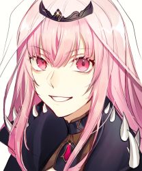 Rule 34 | 1girl, blunt bangs, capelet, gem, highres, hololive, hololive english, long hair, looking at viewer, mori calliope, open mouth, pink eyes, pink hair, profile, shoulder spikes, simple background, smile, solo, spikes, tiara, tori 00, veil, virtual youtuber, white background
