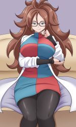 Rule 34 | 1girl, absurdres, android 21, black-framed eyewear, black nails, black pantyhose, blue eyes, breasts, brown hair, checkered clothes, checkered dress, curly hair, dragon ball, dragon ball fighterz, dress, earrings, glasses, highres, hoop earrings, jewelry, kiteman442, lab coat, large breasts, long hair, looking at viewer, nail polish, pantyhose, sitting, solo
