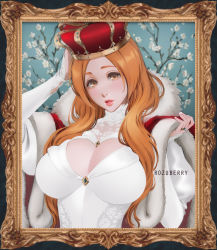 1girl artist_name bleach breasts crown drawing_(object) female_focus highres inoue_orihime large_breasts lips long_hair looking_at_viewer orange_eyes orange_hair parted_lips picture_frame rozuberry solo teeth upper_body watermark