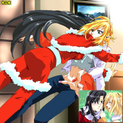 Rule 34 | 2girls, black hair, blonde hair, blush, breasts, christmas, cross, crying, crying with eyes open, earrings, elf, female focus, indoors, jewelry, long hair, midriff, multiple girls, multiple views, nail polish, navel, omc, painting (object), picture frame, pointy ears, pounce, santa costume, short hair, source request, tackle, tears, yuri