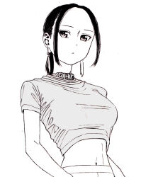 Rule 34 | 1girl, bad id, bad pixiv id, black hair, breasts, closed mouth, crop top, dende (dndn222), earrings, greyscale, hair behind ear, highres, jewelry, large breasts, looking at viewer, medium hair, monochrome, navel, necklace, original, scan, scan artifacts, shirt, short sleeves, solo, standing, stomach, tank top, traditional media