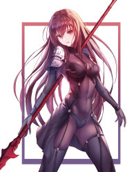 Rule 34 | 1girl, armor, bodysuit, breasts, covered navel, fate/grand order, fate (series), gae bolg (fate), highres, holding, holding polearm, holding weapon, light smile, long hair, looking at viewer, medium breasts, minin982, pauldrons, polearm, purple bodysuit, red eyes, red hair, scathach (fate), scathach (fate), shoulder armor, solo, weapon, white background