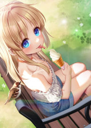 Rule 34 | 1girl, absurdres, alternate costume, bare shoulders, bench, bird, blonde hair, blue eyes, blue shorts, blush, breasts, casual, collarbone, commentary request, daisy, dating, day, denim, denim shorts, dutch angle, eurasian tree sparrow, flower, food, frills, from above, grass, hair between eyes, hair intakes, highres, holding, holding food, ice cream, jewelry, long hair, looking at viewer, moriya suwako, necklace, no headwear, nora wanko, off-shoulder shirt, off shoulder, outdoors, shirt, shorts, sidelocks, small breasts, soft serve, solo, sparrow, tongue, tongue out, touhou, white flower