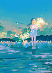 Rule 34 | 1girl, barefoot, bird, commentary request, dress, evening, fireworks, full body, highres, impressionism, lights, long hair, looking at viewer, original, outdoors, pastel colors, penguin, scenery, senkou hanabi, short dress, sky, smile, sparkler, tabi (tabisumika), white dress