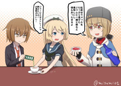 Rule 34 | 3girls, alcohol, beret, black bow, black jacket, blonde hair, blue eyes, blue shawl, bottle, bow, brown eyes, brown hair, comic, cup, dress, food, fur hat, hair between eyes, hair ornament, hairclip, hat, jacket, jervis (kancolle), kantai collection, long hair, long sleeves, looking at another, looking at viewer, low twintails, medium hair, misumi (niku-kyu), multiple girls, neckerchief, open mouth, papakha, red eyes, red shirt, sailor collar, sailor dress, sailor hat, scarf, school uniform, serafuku, shawl, shirt, tashkent (kancolle), tea, teacup, torn clothes, torn scarf, translation request, twintails, vodka, wakaba (kancolle), white jacket, white scarf, white shirt