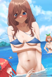 Rule 34 | &gt;o&lt;, 1other, 3girls, absurdres, assisted exposure, ball, beachball, bikini, unworn bikini, blue bikini, blue eyes, blue sky, blush, bottomless, breasts, brown hair, closed mouth, cloud, convenient arm, convenient censoring, day, go-toubun no hanayome, green bikini, groin, highres, holding own arm, large breasts, long hair, looking down, multiple girls, nakano miku, nakano nino, nakano yotsuba, navel, nude, outdoors, partially submerged, poa mellhen, raised eyebrows, siblings, sisters, sky, standing, stomach, swimsuit, undressing another, wading, wardrobe malfunction, water, wavy hair, wet
