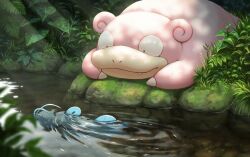 Rule 34 | barboach, blurry, commentary request, creatures (company), dappled sunlight, day, depth of field, fangs, fangs out, game freak, gen 1 pokemon, gen 3 pokemon, grass, highres, light rays, looking at another, lying, moss, nintendo, no humans, on stomach, outdoors, plant, pokemon, pokemon (creature), rend, rock, scenery, slowpoke, stream, sunlight, swimming, water