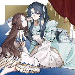 1boy 1girl black_hair blue_dress blue_eyes bow brown_hair choker command_spell crossdressing dress elbow_gloves fate/grand_order fate_(series) fujimaru_ritsuka_(male) gloves gold_trim hair_bow hair_ribbon leonardo_da_vinci_(fate) leonardo_da_vinci_(fate/grand_order) leonardo_da_vinci_(rider)_(fate) long_hair long_sleeves official_alternate_costume parted_bangs puff_and_slash_sleeves puffy_long_sleeves puffy_short_sleeves puffy_sleeves ribbon short_sleeves sitting tassel two_side_up watermark wavy_hair white_bow white_dress white_ribbon yuta_kbut