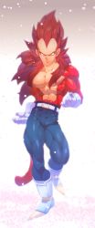 Rule 34 | 1990s (style), 1boy, abs, absurdres, backlighting, bad id, bad pixiv id, belt, black hair, blue eyes, body fur, boots, clenched hands, dragon ball, dragon ball gt, dragonball z, gloves, highres, long hair, looking at viewer, male focus, muscular, nipples, pants, retro artstyle, skin tight, smile, solo, spiked hair, standing, super saiyan, super saiyan 4, supobi, tail, topless male, vegeta