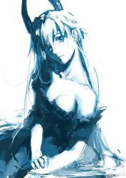 Rule 34 | 1girl, bad id, bad pixiv id, bare shoulders, breasts, cleavage, ex-keine, fancybetty, horns, kamishirasawa keine, light smile, long hair, monochrome, sitting, solo, touhou