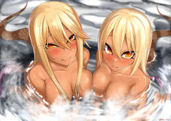 Rule 34 | 2girls, aged up, areola slip, asymmetrical docking, bathing, blonde hair, blush, breast press, breasts, closed mouth, collarbone, convenient censoring, dual persona, from above, hair between eyes, kashisu mint, kemono friends, king cobra (kemono friends), large breasts, leaning forward, long bangs, long hair, looking at viewer, mature female, medium breasts, multicolored hair, multiple girls, nude, onsen, orange eyes, paid reward available, parted bangs, partially submerged, pink hair, sitting, smile, snake tail, steam, steam censor, tail, tan, two-tone hair, upper body, water, wet, wet face, wet hair