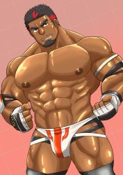 Rule 34 | 1boy, abs, bara, brown eyes, bulge, clenched hands, cowboy shot, crotch cutout, dark-skinned male, dark skin, facial hair, goatee, grin, jockstrap, konnezuwrestle, large pectorals, live a hero, looking to the side, male focus, male underwear, mature male, muscular, muscular male, mustache stubble, navel, nipples, no mask, pectorals, polaris mask (live a hero), shiny skin, short hair, smile, solo, stomach, strongman waist, stubble, thick eyebrows, thick thighs, thighs, topless male, underwear, wrestling outfit