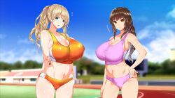 Rule 34 | 2girls, arm behind back, blonde hair, blue eyes, blurry, blurry background, blush, braid, breasts, brown hair, cameltoe, cleavage, cleft of venus, cloud, covered erect nipples, day, eyebrows hidden by hair, female focus, groin, hand on own hip, high ponytail, highres, huge breasts, legs, long hair, multiple girls, navel, open mouth, original, outdoors, raidon, red eyes, rikujoubu joshi wa ore no nama onaho!!! renzoku shasei hen, single braid, sky, sports bra, standing, thighs, track and field, track uniform