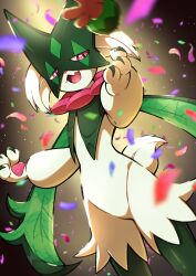 Rule 34 | 1other, :d, absurdres, blurry, claws, cowboy shot, creatures (company), falling petals, furry, game freak, highres, looking down, meowscarada, nintendo, open mouth, petals, pink eyes, pokemon, pokemon (creature), pon yui, smile, solo, spotlight, tongue