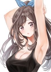 Rule 34 | 1girl, absurdres, armpits, arms up, bare shoulders, black tank top, blue bow, blush, bow, breasts, brown eyes, brown hair, cleavage, collarbone, hair bow, highres, idolmaster, idolmaster shiny colors, large breasts, long hair, looking at viewer, open mouth, sera nin, simple background, solo, stretching, swept bangs, tank top, tsukioka kogane, white background