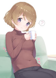 Rule 34 | 1girl, ?, breasts, brown hair, couch, covered navel, cup, eichisu, highres, holding, holding cup, koizumi hanayo, long sleeves, looking at viewer, love live!, purple eyes, short hair, sitting, small breasts, smile, solo, spoken question mark, swept bangs, turtleneck