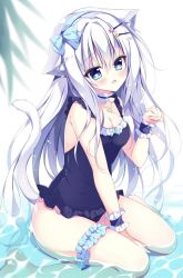 Rule 34 | 1girl, animal ears, barefoot, between legs, blue bow, blue eyes, blue one-piece swimsuit, blush, bow, breasts, bridal garter, cat ears, cat girl, cat tail, cleavage, commentary request, frills, hair between eyes, hair bow, hair ornament, hand between legs, hand up, herurun, long hair, looking at viewer, one-piece swimsuit, open mouth, original, pool, school swimsuit, sitting, small breasts, solo, swimsuit, tail, very long hair, wariza, water, white hair, wrist cuffs