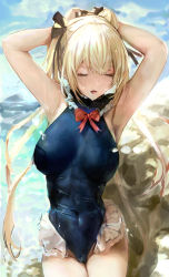 Rule 34 | 1girl, adjusting hair, armpits, arms behind head, arms up, azur lane, bare arms, bare shoulders, beach, black ribbon, blonde hair, blue eyes, blue one-piece swimsuit, blue sky, breasts, closed eyes, cloud, cloudy sky, covered navel, cowboy shot, day, dead or alive, eyebrows, frilled swimsuit, frills, hair ribbon, head tilt, highres, konnichiwa kanemura, large breasts, long hair, looking at viewer, marie rose, marie rose (devilish servant against the splashing waves), medium breasts, navel, neck ribbon, ocean, one-piece swimsuit, open mouth, outdoors, red ribbon, ribbon, rock, sidelocks, sky, solo, standing, swimsuit, twintails, water, wet, wet clothes