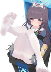 Rule 34 | 1girl, absurdres, animal ears, black hair, blue archive, blue shirt, bright pupils, closed mouth, fake animal ears, feet, flying sweatdrops, gloves, grey halo, halo, highres, in trash can, long hair, long sleeves, looking at viewer, miyu (blue archive), no shoes, pantyhose, peacem4ker, rabbit ears, red eyes, sailor collar, shirt, solo, toes, trash can, white pantyhose, white pupils, white sailor collar