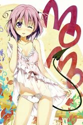 Rule 34 | 10s, 1girl, ;d, bare shoulders, blush, bow, bow panties, breasts, character name, cleavage, clothes lift, demon tail, dress, dress lift, highres, kantoku, momo velia deviluke, one eye closed, open mouth, panties, pink dress, pink panties, purple eyes, scan, see-through, short hair, side-tie panties, smile, solo, tail, to love-ru, to love-ru darkness, two side up, underwear, wink