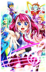 Rule 34 | 5girls, aria the melodious diva, baton, blue eyes, blue skin, breasts, canon the melodious diva, colored skin, dress, duel disk, duel monster, goggles, goggles on eyes, green hair, hiiragi yuzu, long hair, mozarta the melodious maestra, multiple girls, necktie, pink hair, pink skin, purple hair, silver skin, skirt, smile, sonata the melodious diva, thighhighs, twintails, yellow skin, yu-gi-oh!, yu-gi-oh! arc-v