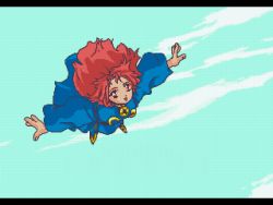 Rule 34 | 1girl, aqua background, cotton (character), cotton (game), flying, game, game console, letterboxed, long hair, lowres, outstretched arms, playstation 1, qvga, red hair, smile, solo, spread arms