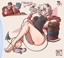 Rule 34 | 1boy, 2boys, absurdres, alcohol, artist self-insert, barefoot, black horns, black panties, black tail, blush, bodice, book, book stack, bracelet, breasts, chibi, chibi inset, controller, crossed ankles, demon girl, demon tail, drinking, drunk, full body, game controller, gamepad, grey hair, hamza touijri, helltaker, helltaker (character), highres, horns, huge filesize, jewelry, long tail, malina (helltaker), medium breasts, meme, multiple boys, no pants, ok sign, open clothes, open shirt, panties, pink lips, playing games, red eyes, red shirt, shirt, short hair, sitting, solo focus, tail, the emperor&#039;s new groove, toenails, toes, underwear, vodka