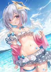 Rule 34 | 1girl, absurdres, amane kanata, angel, angel wings, bare shoulders, beach, bikini, blue hair, blush, body markings, breasts, cloud, collarbone, colored inner hair, feathered wings, flat chest, frilled bikini, frills, grey hair, groin, hair between eyes, heart, heart tattoo, highres, hololive, jacket, jacket partially removed, juu p, leg tattoo, midriff, multicolored hair, navel, parted lips, purple eyes, short hair, skindentation, sky, solo, star tattoo, swimsuit, tattoo, thigh strap, virtual youtuber, water, white bikini, wings