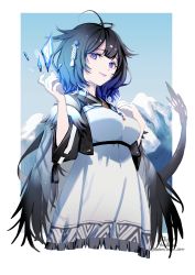 Rule 34 | 1girl, antennae, arknights, artist name, black hair, blue eyes, blue hair, border, breasts, crystal, dress, gradient hair, hair flaps, hand up, highres, kjera (arknights), large breasts, looking at viewer, mountain, multicolored hair, outside border, short hair, smile, solo, tail, twitter username, upper body, white border, white dress, yoshiga