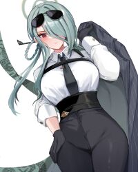 Rule 34 | 1girl, absurdres, black gloves, black necktie, black pants, blue archive, blush, breasts, chest harness, coat, eyewear on head, gloves, green hair, grey coat, groin, hair ornament, hair over one eye, hair rings, hair stick, halo, harness, high-waist pants, highres, holding, holding clothes, holding coat, large breasts, looking at viewer, mina (blue archive), mindoll, necktie, one eye covered, pants, red eyes, shirt, simple background, solo, striped, striped coat, sunglasses, vertical-striped coat, white background, white shirt
