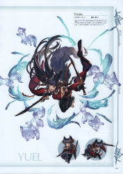 Rule 34 | 1girl, absurdres, animal ears, armlet, barefoot, bell, black gloves, black hair, breasts, character name, dual wielding, feet, fox ears, fox tail, full body, fur trim, gloves, granblue fantasy, hair ornament, highres, holding, holding weapon, long hair, looking at viewer, medium breasts, minaba hideo, multiple views, official art, one eye closed, open mouth, pants, purple eyes, scan, simple background, sleeveless, smile, tail, very long hair, weapon, yuel (granblue fantasy)