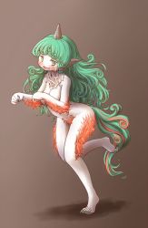 Rule 34 | 1girl, :3, animal ears, arinu, breasts, brown background, curly hair, fang, full body, furry, furry female, green eyes, green hair, green nails, highres, horns, komano aunn, large breasts, leg up, long hair, looking at viewer, nail polish, nude, paw pose, red hair, sharp toenails, simple background, single horn, smile, solo, standing, standing on one leg, tail, toenail polish, toenails, touhou, very long hair
