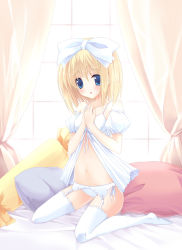 Rule 34 | 1girl, bad id, bad pixiv id, blonde hair, blue eyes, bow, curtains, female focus, full body, garter belt, hair bow, indoors, lingerie, morning, navel, original, p19, panties, pillow, solo, thighhighs, underwear, white thighhighs, window