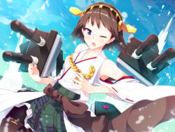 Rule 34 | 10s, 1girl, ;o, black pantyhose, blue eyes, blue vert, brown hair, detached sleeves, hairband, hiei (kancolle), japanese clothes, kantai collection, machinery, one eye closed, open mouth, pantyhose, personification, plaid, plaid skirt, short hair, skirt, solo, turret, wink